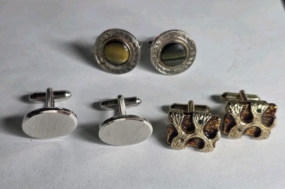 Vintage Estate Cuff Links 3 Sets Metal And Enamel Variety In Great Condition